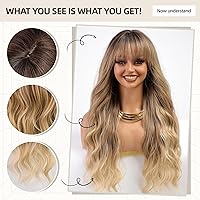 Vista 93 de HAIRCUBE Peluca de color marrón a rubio con flequillo para mujer, peluca de cabello largo ondulado marrón y rubio, pelucas sintéticas rizadas