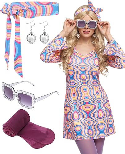 Janmercy 5 piezas de disfraces hippie de los años 70 y 80, accesorios para mujer, disfraz de discoteca de los años 70 para fiesta de Halloween,