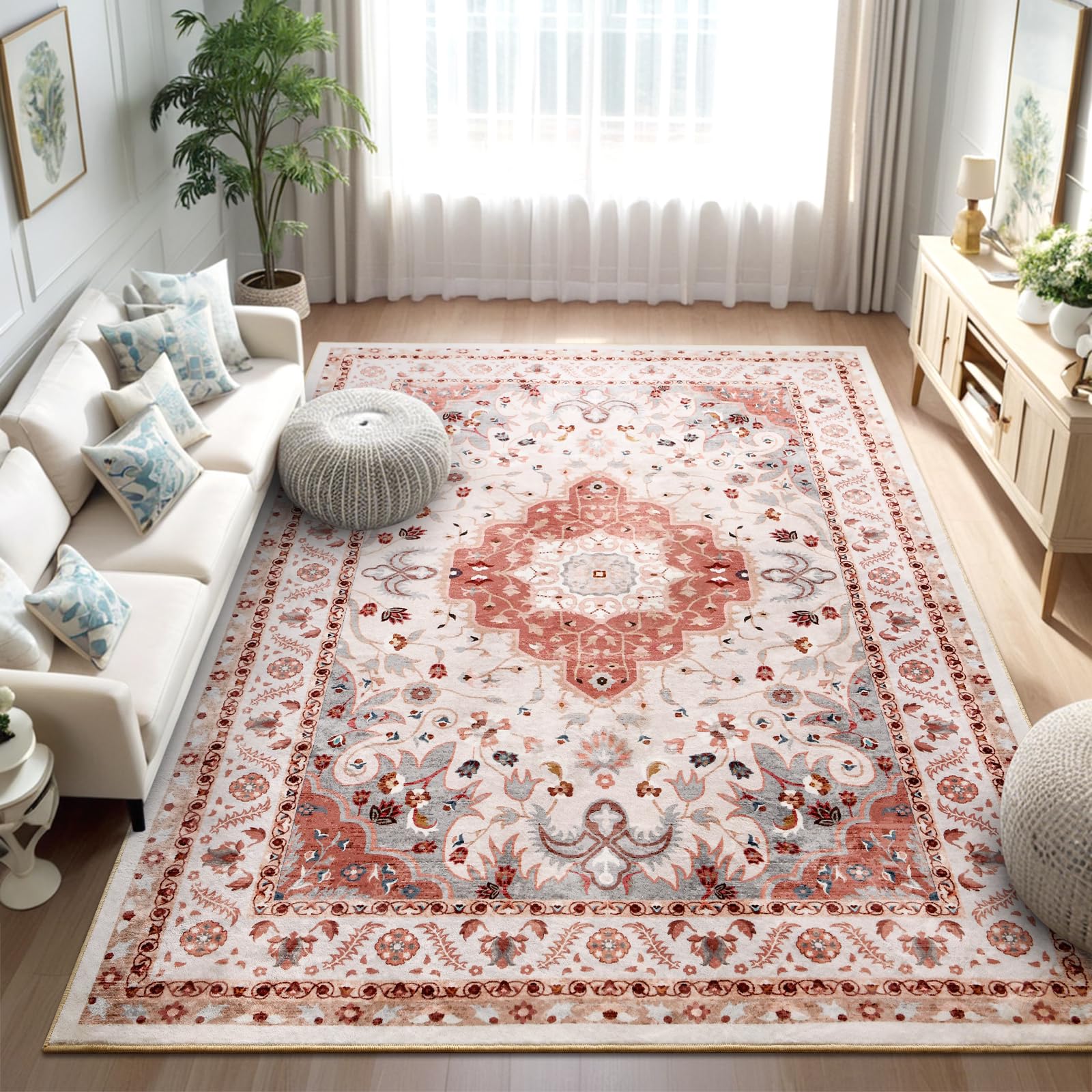 Woottpe Washable Area Rugs for Living Room 5x7, Non Slip Area Rugs for Bedroom, Vintage Print Rug Low Pile Distressed Carpet for Office Dining Room