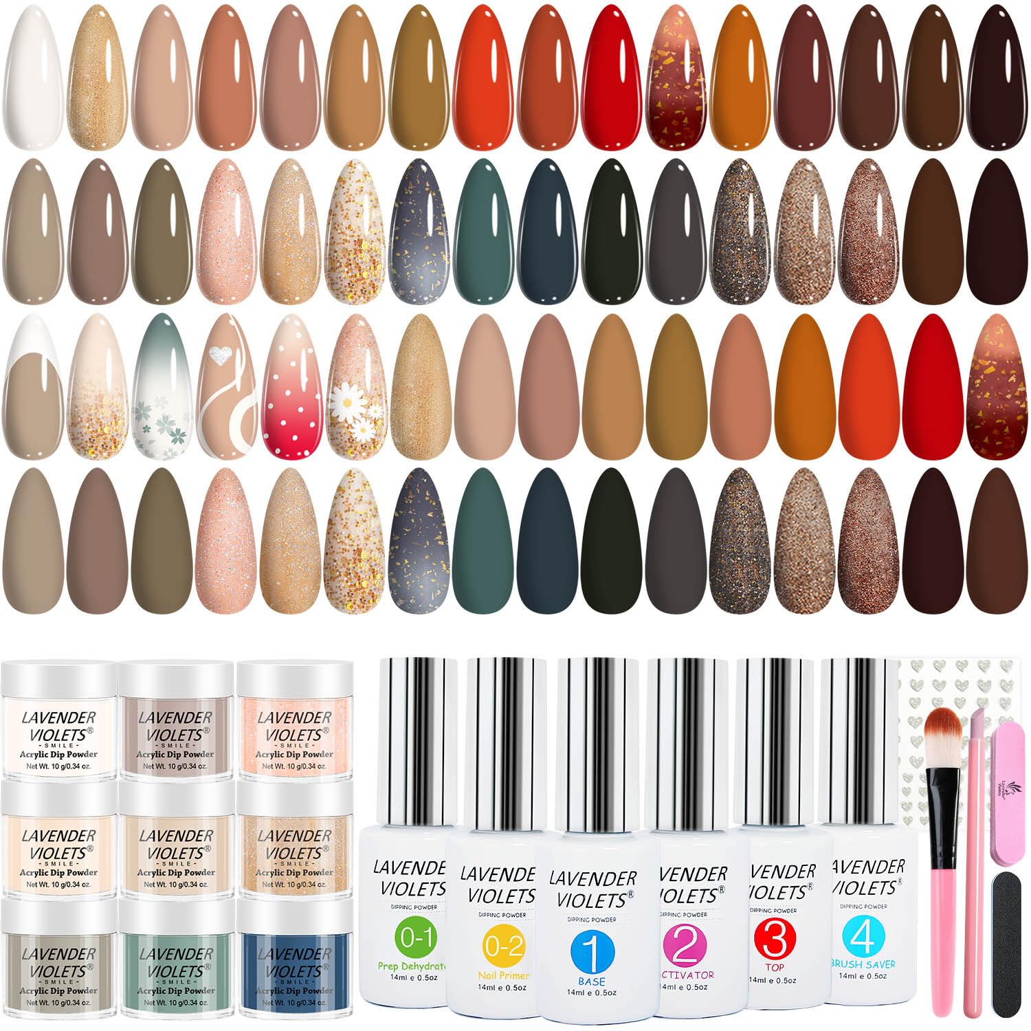 Lavender Violets 94 PCS Dip Powder Nail Kit Starter, 30 Colors Nude Brown Green Blue All Season with Dip Powder Liquid Set and Nail Art Tool B704