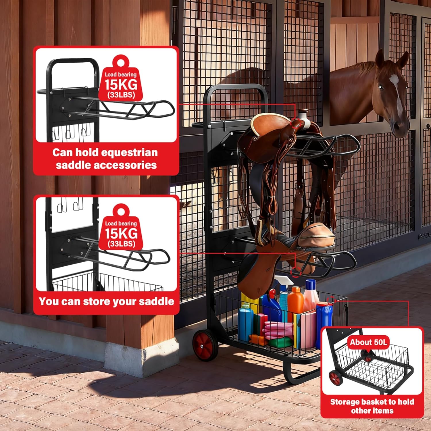 Rolling Saddle Rack Cart with Wheel, Horse Saddle Rack Dollys, Heavy Duty Horse Equipment Cart, Portable Metal Saddles Racks Stand for Storage, Moving, Organizing, and Transporting Supplies