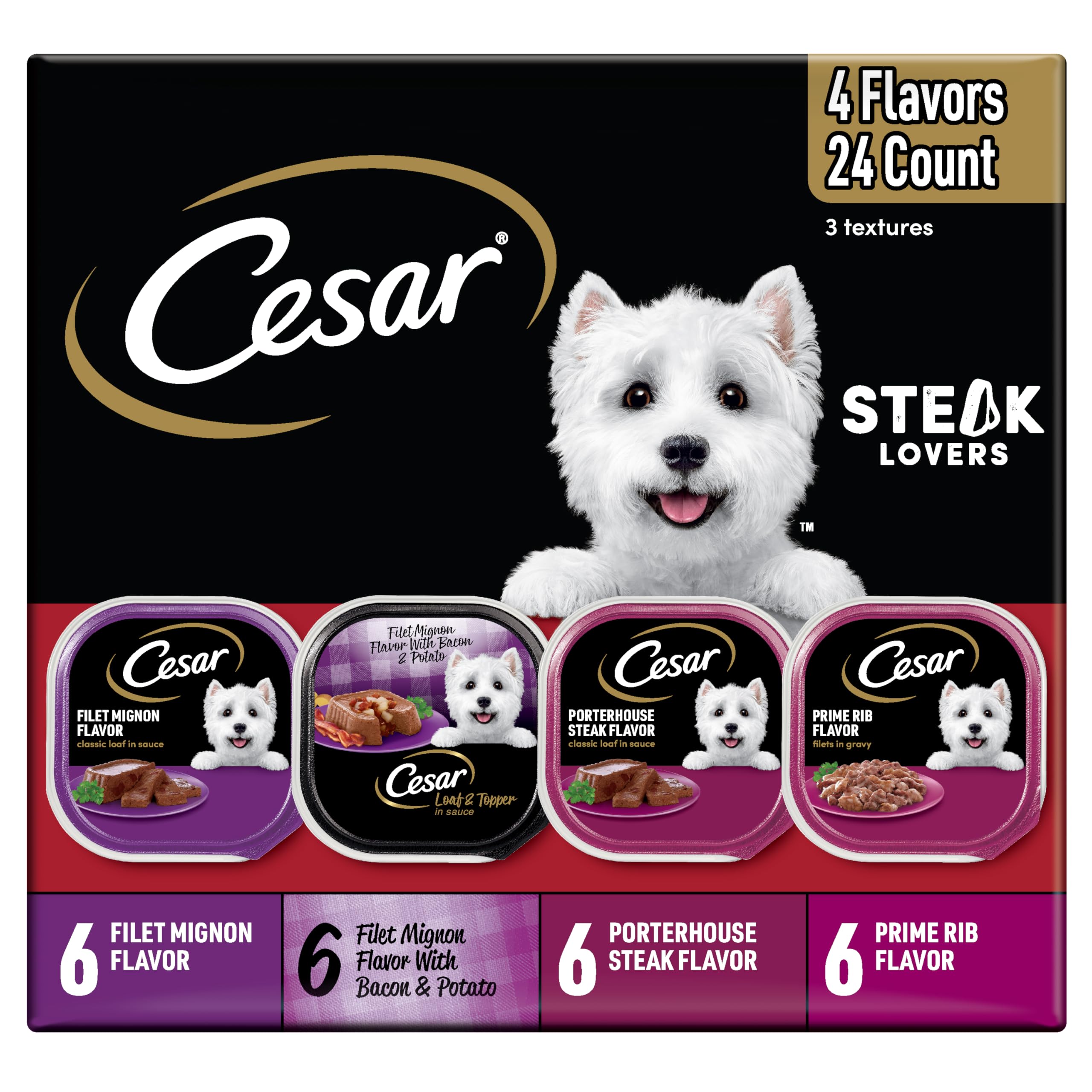 Cesar Wet Dog Food Steak Lovers Variety Pack, Adult, Wet Food for Dogs with Real Meat, 3.5 oz Easy Peel Trays, 24 Count