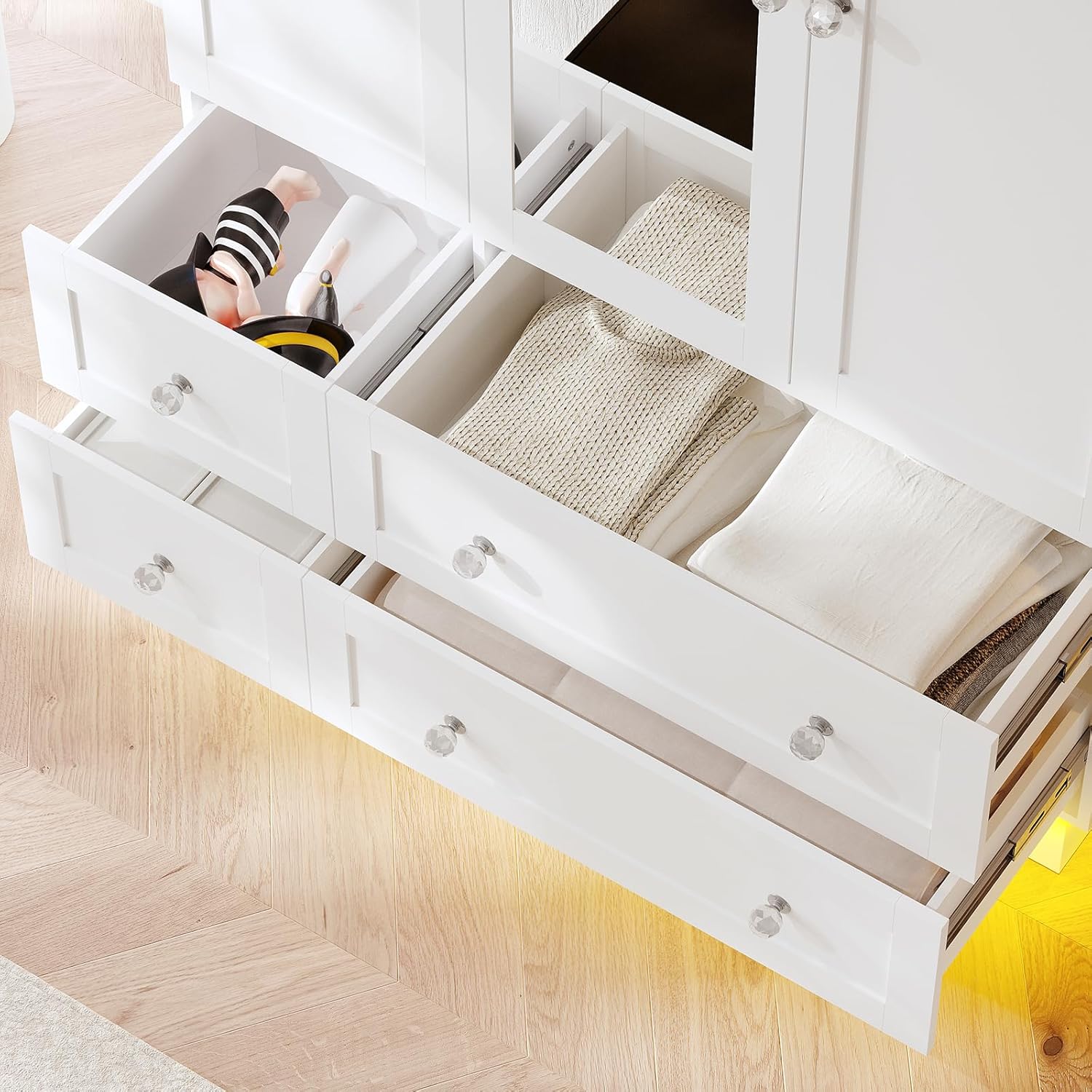 VOWNER Wardrobe Closet with 3 Doors, Bedroom Armoire with Mirror, LED Light, 4 Drawers and Hanging Rod, Large Capacity Storage Closet for Bedroom, White 47" L