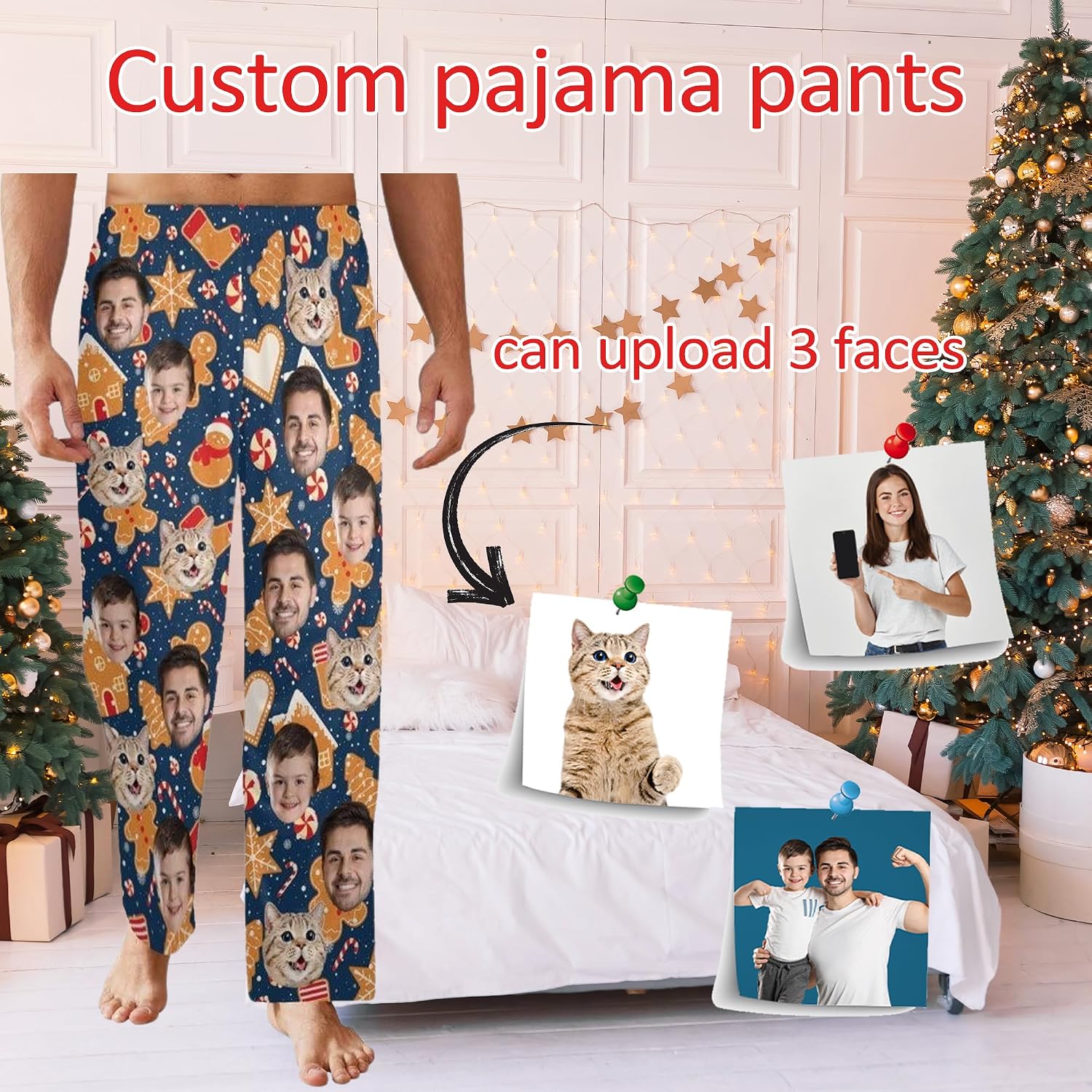 Custom Face Pajama Pants for Men Women Christmas Pajamas Personalized Unisex Sleep Bottoms for Her Him Christmas