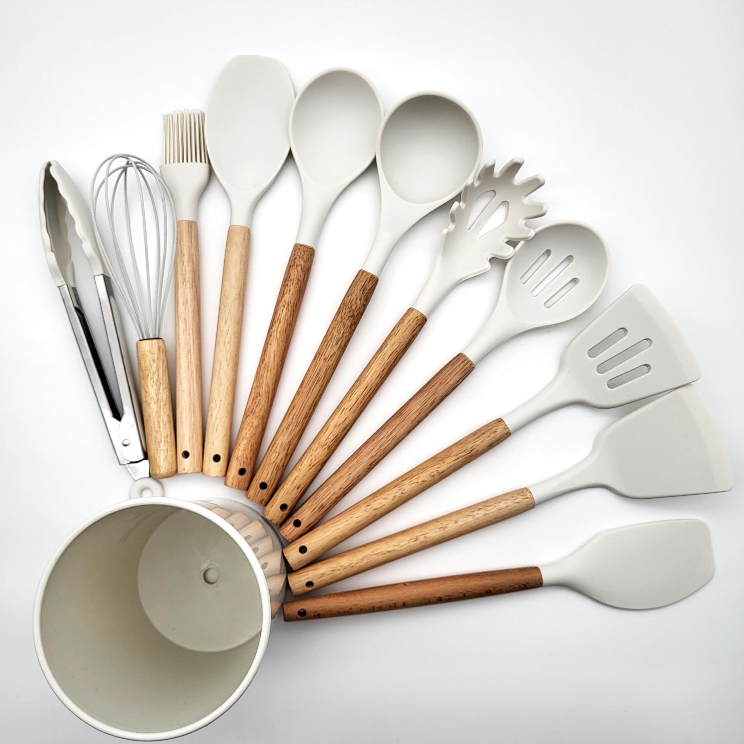 BWG Juego de utensilios de cocina y recipiente, juego de utensilios de cocina, juego de utensilios de cocina de silicona de alta calidad, asas de diseño elegante, resistente al calor (madera, blanco)