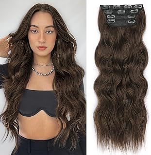 ALXNAN Clip in Hair Extensions for Women,Chocolate Brown with Dark Brown Long Wavy Hair Extensions Clip Ins 4PCS 20 Inch Synthetic Soft and Natural Thick Hair Pieces for Women