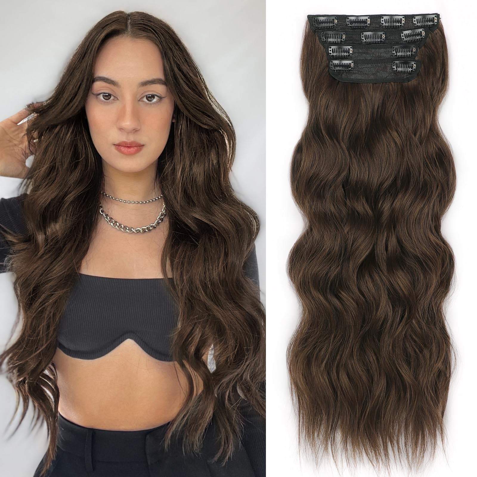 4 Pcs Clip in Hair Extensions Synthetic Dark Brown Wavy 22 Inch Women Amazon.com : 4Pcs Clip in Hair Extensions, Long Wavy  main image 3