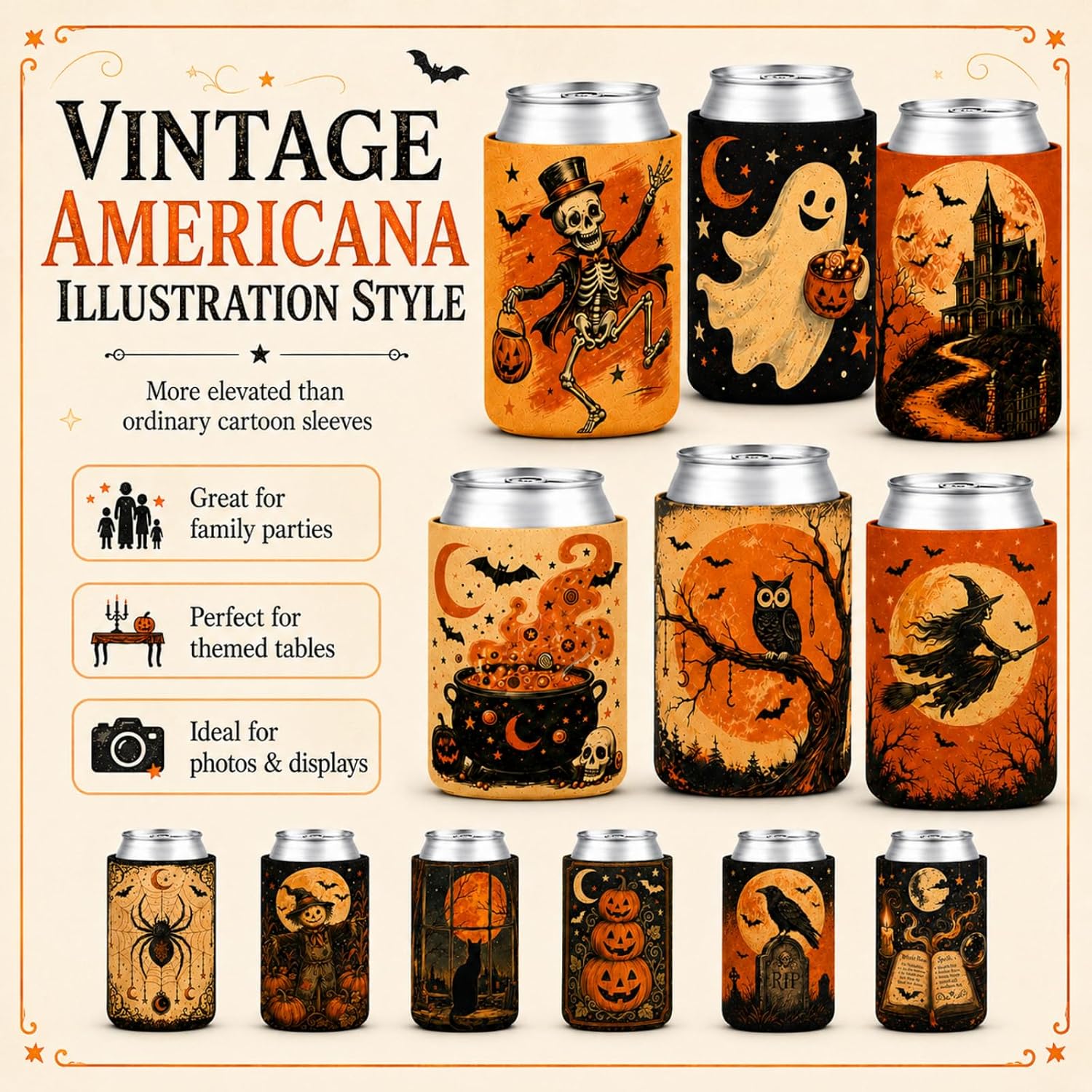 12 Pack Vintage Halloween Neoprene Can Cooler Sleeves (DD)