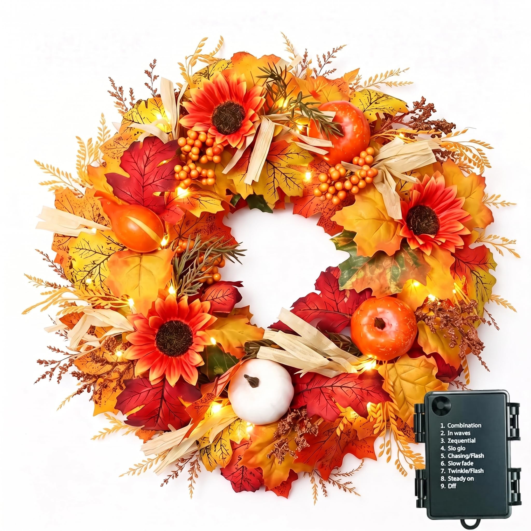 17 Inch Pre-lit Autumn Wreath-Fall Harvest Front Door Decoration with Sunflowers,Pumpkins &LED Fairy Lights,Waterproof Lighted Wreath-Thanksgiving Halloween Decor for Indoor,Outdoor,Wall,Door Hanging