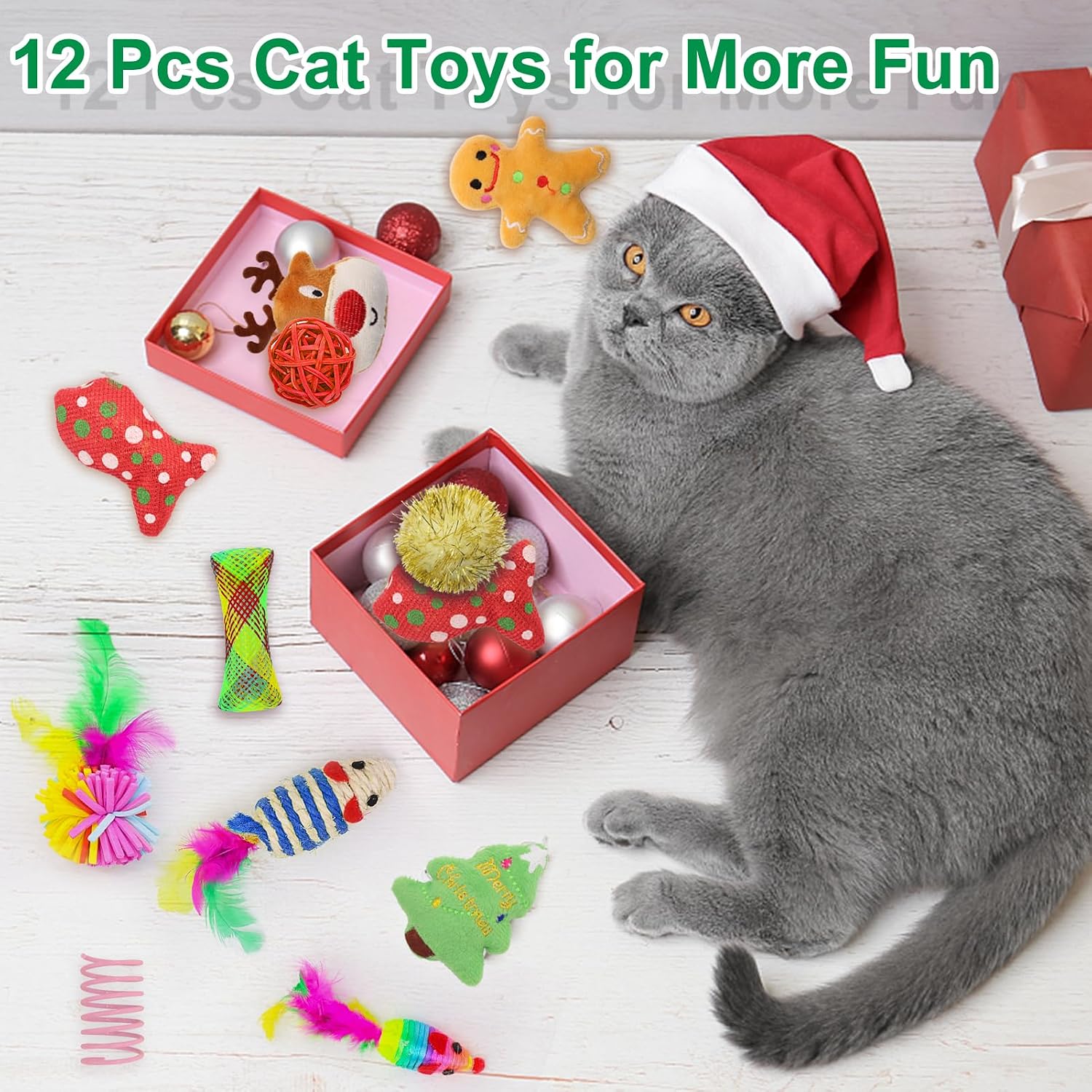 12Pcs Christmas Stocking Cat Toys Set, Catnip Toy for Play Interactive Cats | Xmas Cat Toys Set with Catnip Plush Toy, Mice Feather Toys, Cat Wand, Pet Supplies for Kitten Toys, Christmas Decorations