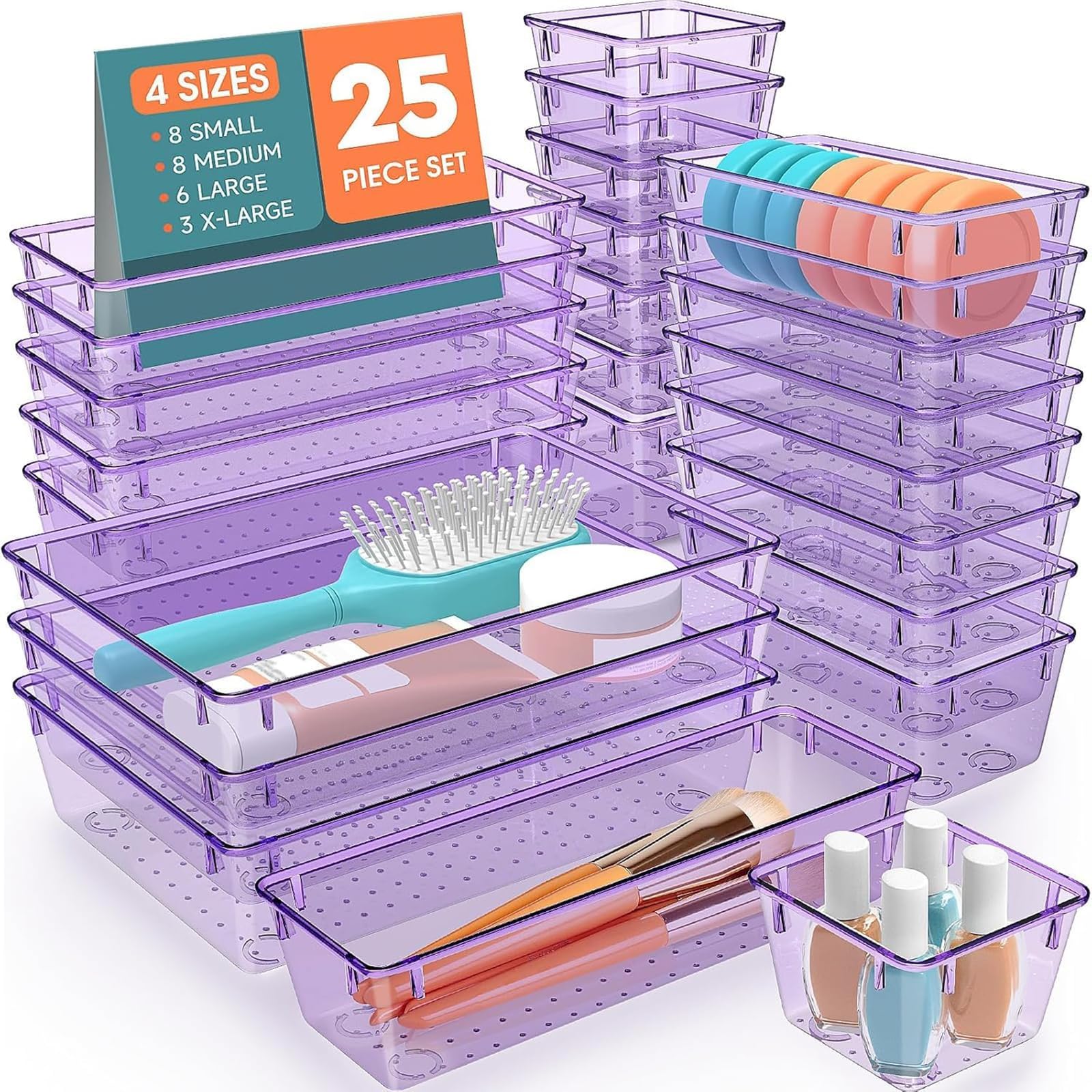 SpaceHacks 25 PCS Plastic Drawer Organizer, 4-Size Versatile Organizer Trays &amp; storage Bins