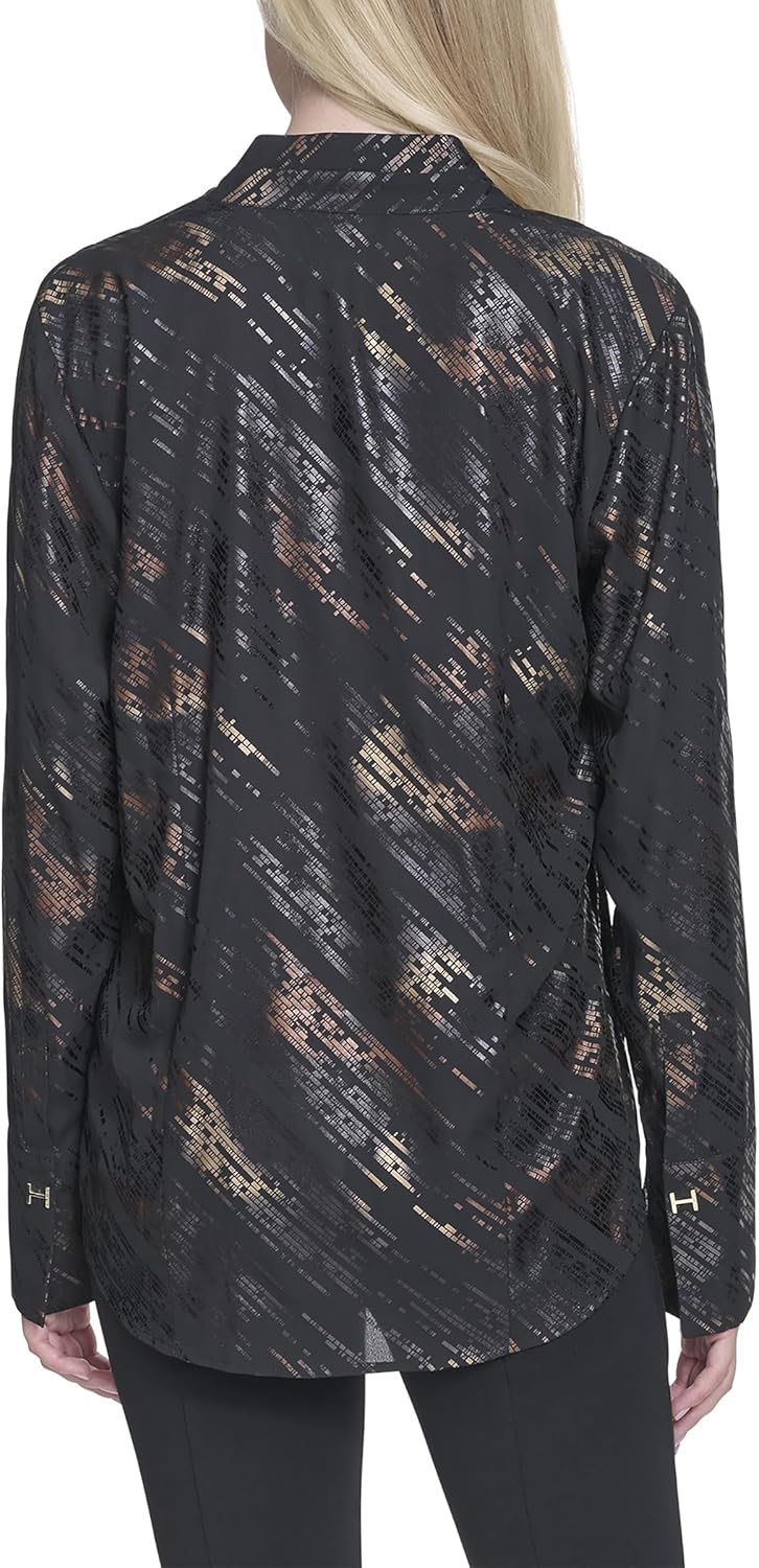 Halston Women's Printed Embellished V Neck Blouse
