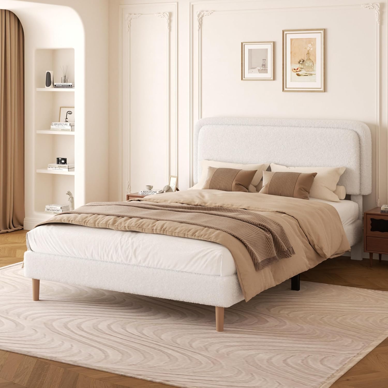 Full Size Boucle Upholstered Platform Bed Frame with Adjustable Headboard, Soft Cloud Bed, No Box Spring Needed, Noise Free, Easy Assembly, White
