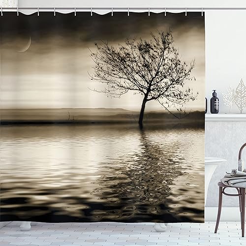 Miniatura 96 de Ambesonne Cortina de ducha hawaiana, diseño de hibisco hawaiano tropical, silueta de niña, tabla de surf, impresión de arte retro, juego de Fucsia