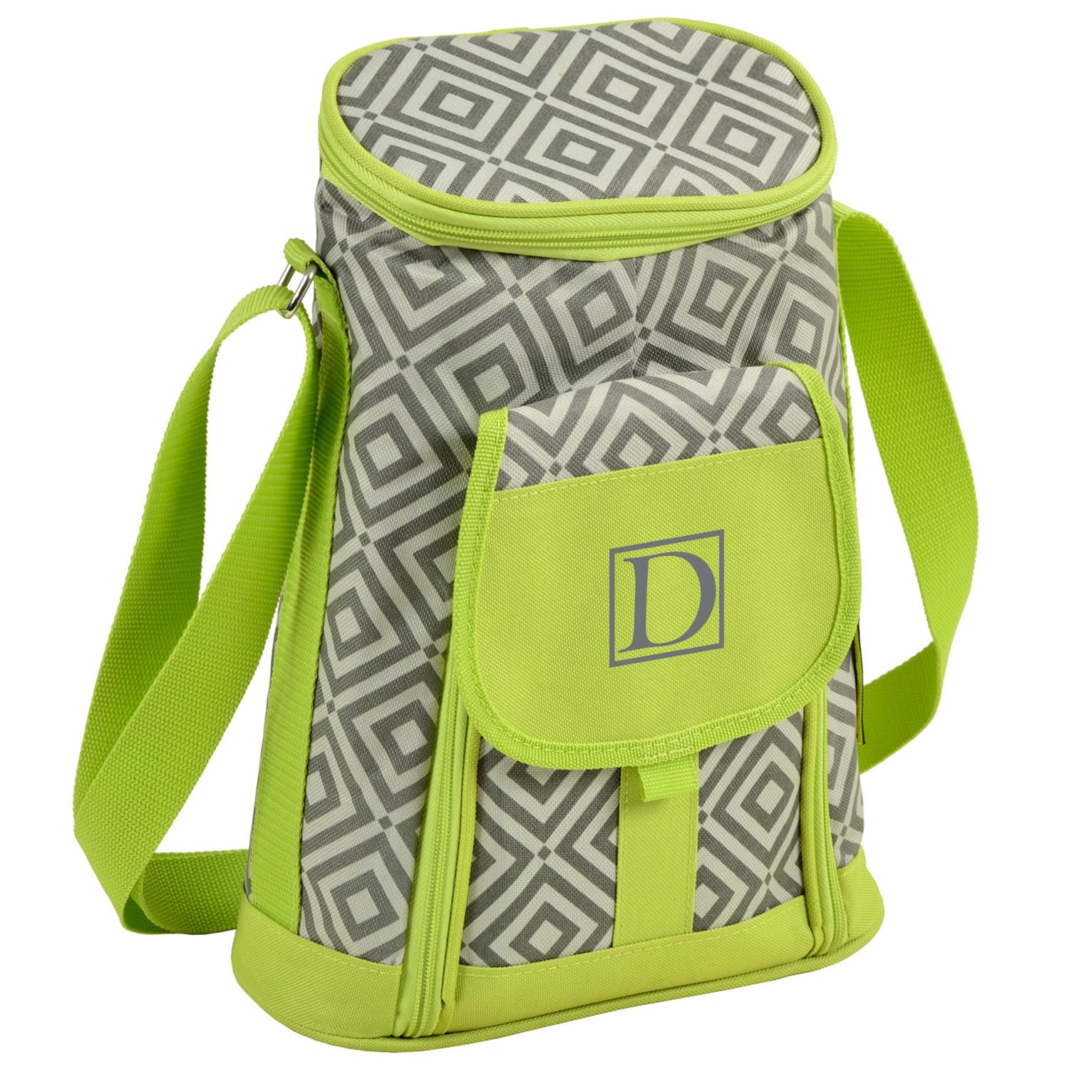 Picnic at Ascot Personalized Monogrammed Stylish 2 Bottle Insulated Wine Tote Bag with Cheese Board, Knife and Corkscrew