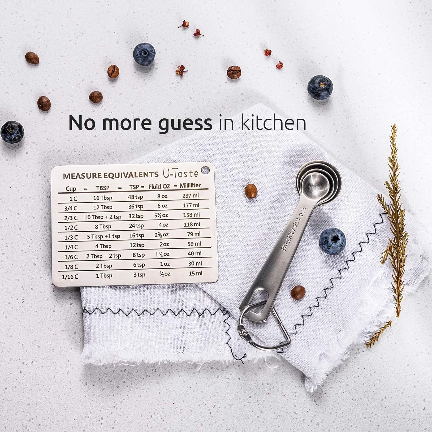 U-Taste 18/8 Stainless Steel Measuring Spoons Set of 9 and Professional Measurement Conversion Chart Refrigerator Magnet, Conversions for Cups, Tablespoons, Teaspoons, Fluid Oz and Milliliters