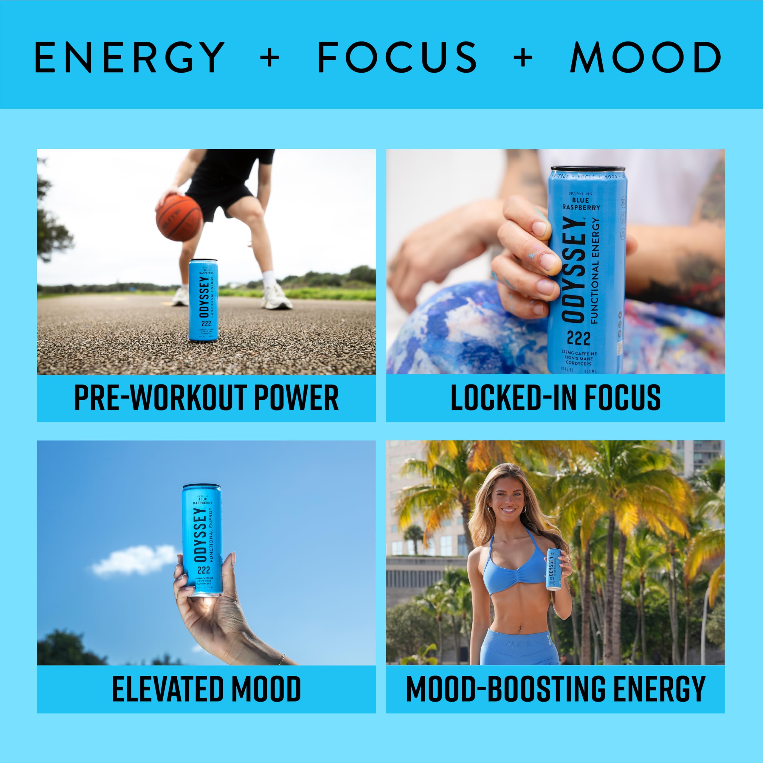 Odyssey Functional Energy Drink for Focus, Cognition & Mood Support 12 Pack - Adaptopgenic Drink with 222mg Green Tea Caffeine, Lionโs Mane, Cordyceps, L-Theanine & Ginseng - Sparkling Blue Raspberry