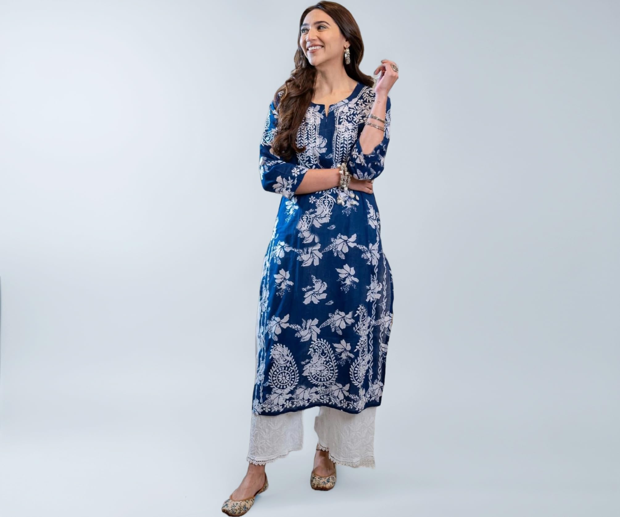 GoSriKi Women's Rayon Blend Chikankari Embroidered Straight Kurta