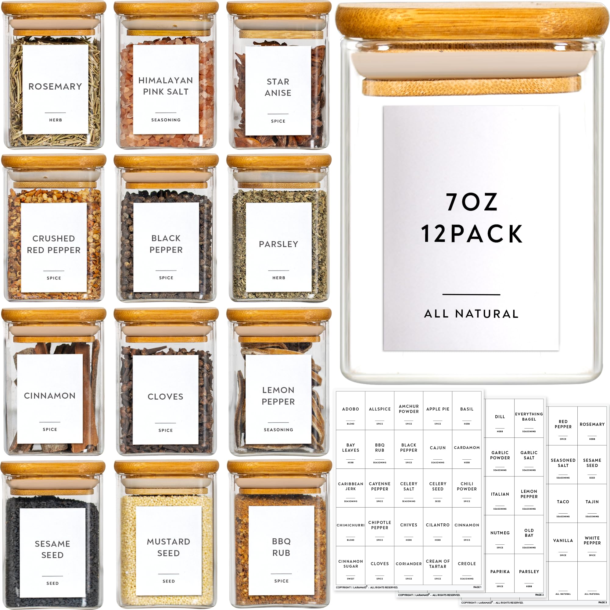 TIENER Glass Jars Set, Square Spice Jars With Bamboo Lids And Customized Labels, 8Oz 12 Piece Small Food Storage Containers For Home Kitchen, Spice, Herbs, Seasoning, Seed, Tea, Sugar, Salt,Clear
