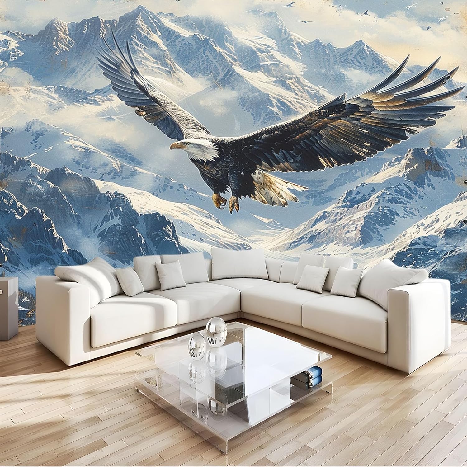 Wallpaper Murals W118" x H83"Bald Eagle Snow Mountain Landscape 3D Non Woven Fabric Wall Mural for Bedroom Living Room Walls Decor, White TV Background Sofa Wall Sticker (Not self-Adhesive)