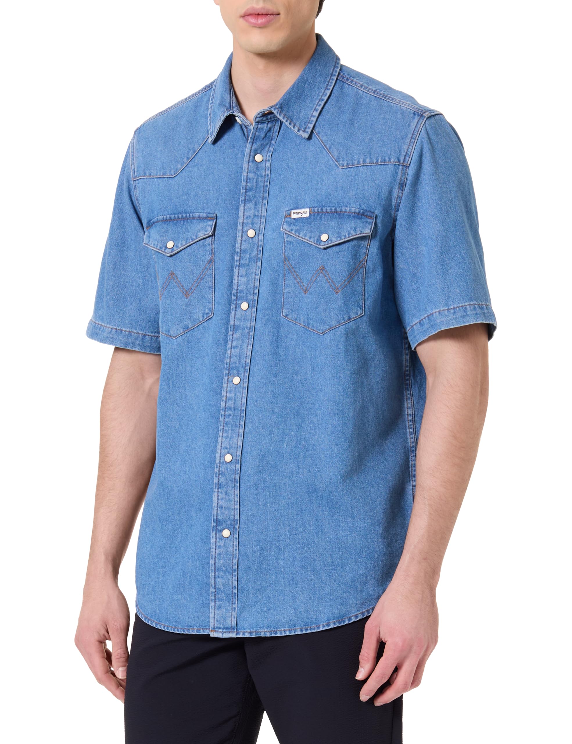 Wrangler Men's SS Western Shirt, Mid Wash, S