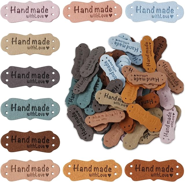 50pcs Handmade Leather Labels with Love Hearts Colorful Leather Hat Tags for Crafts Embossed Leather Tags for Crochet Items Fabrics Purses Scarf Clothing Handbag Luggage (10 Colors)