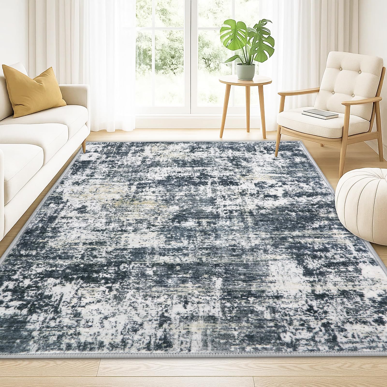 Alfombra Salon Grande Lavable en Lavadora, Gris Negro, 140x200cm | Alfombra Pelo Corto Imitación Cachemira Abstracta Antideslizante para Dormitorio