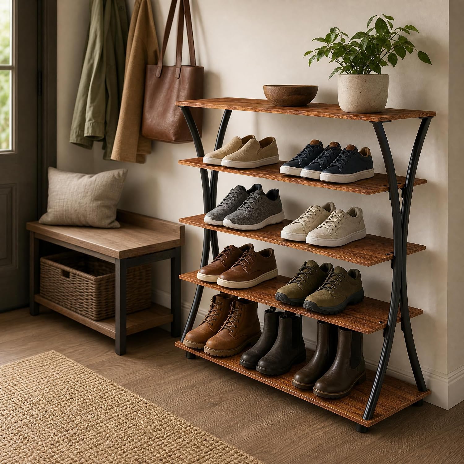 Manora Meuble à Chaussures 5 Niveaux, Étagère à Chaussures en Métal et Bois, Range Chaussures pour 15-20 Paires, Style Industriel Moderne, Rangement Entrée Salon Chambre, Marron Rustique