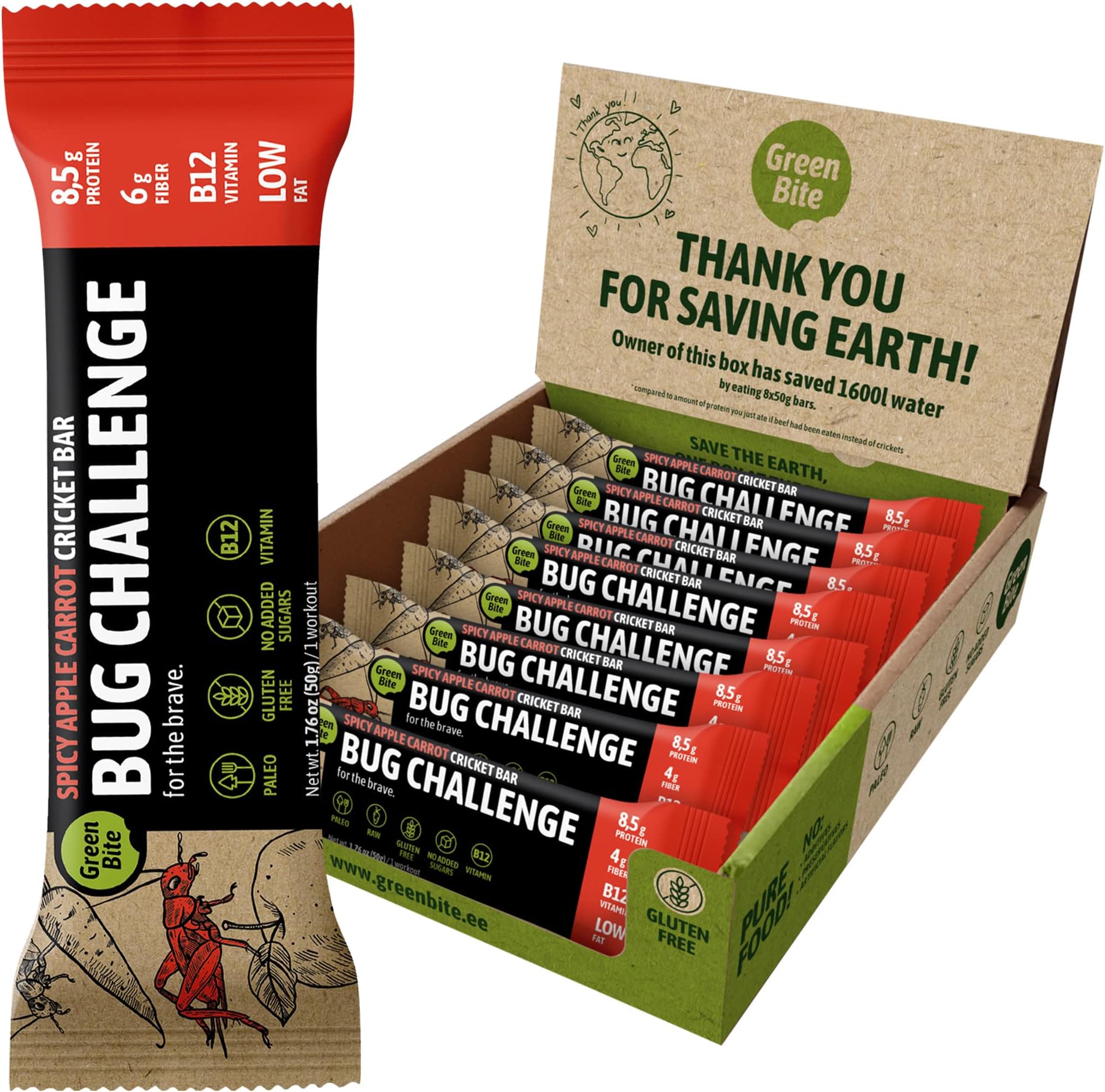 Bug Challenge Cricket Bar, Fit and Active Protein Bars, Nutritious Paleo Diet Snacks, Meal Replacement Bars with Cricket Protein, Tasty Spicy Apple Carrot Flavor, High Fiber, Pack of 8 - Green Bite