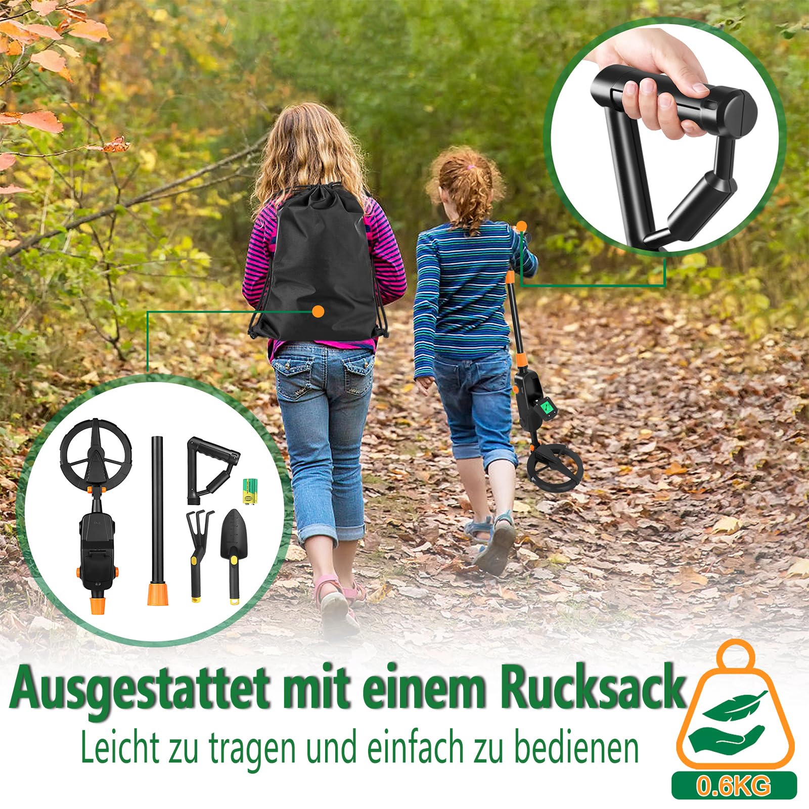 Leichter hochempfindlicher Metalldetektor mit LCD Display, Outdoor Schatzsuch Metalldetektoren,Mit Kunststoff Schaufel, Rechen &Tragtasche(Modell 1008) Schwarz