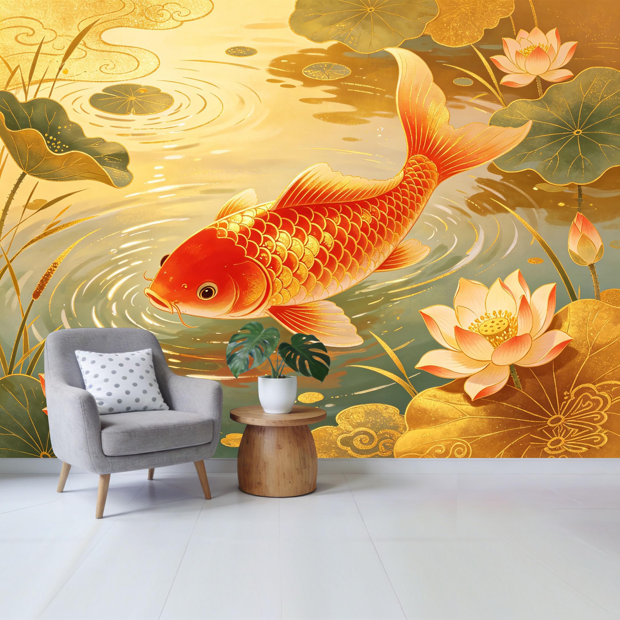 Qzlithotic Yq2605250803 Custom Size Wall Mural Golden Koi Fish Swimming Pond Lotus Flower Watercolor Style Selfadhesive Wall Fabric Removable Wallpaper For Home Office Decor