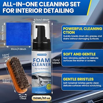 Car Interior Cleaner Kit All-Purpose Foam Cleaner for Leather, Fabric, Vinyl, Plastic, Carpet & Upholstery | Deep Stain Remover | Includes Brush & Microfiber Towel 5oz/150ml