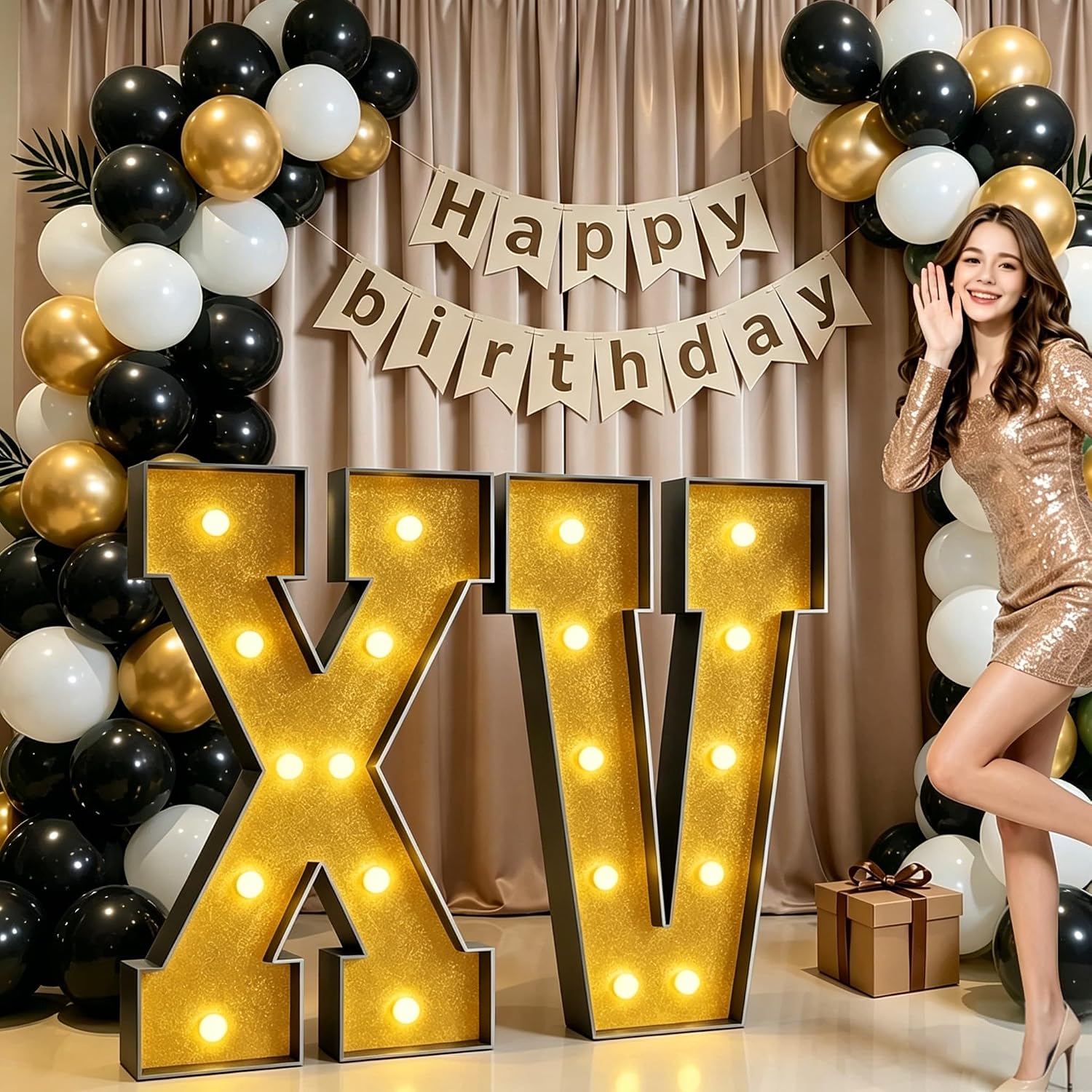 3FT and 4FT Black Gold Sparkling Powder XV (15 years old) Birthday Party Decoration Letter Light, two sizes, suitable for male and female adult etiquette anniversary celebration background sponge card communication, high-end party decoration (3FT)