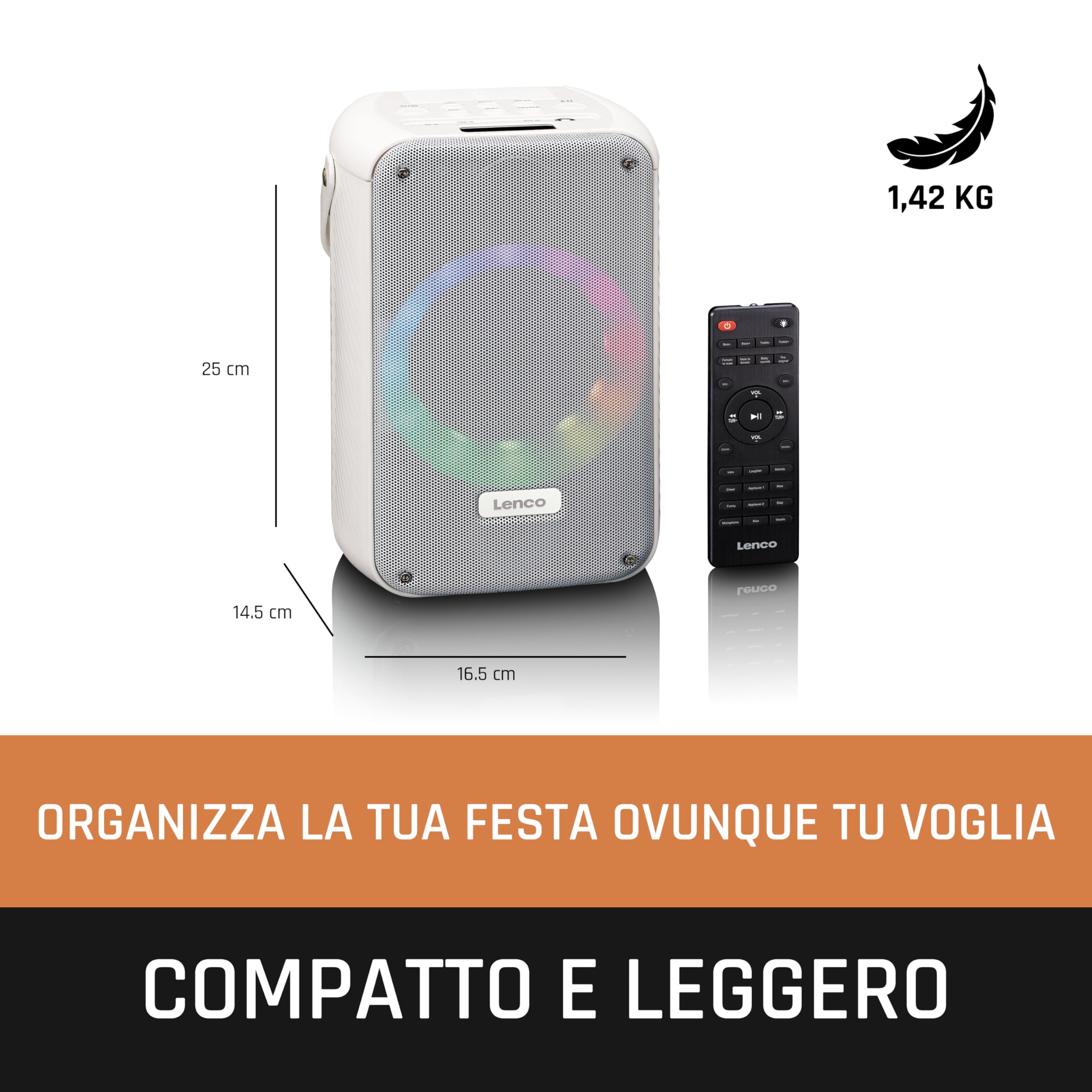 Lenco BTC-060 Macchina per karaoke portatile - Bluetooth 5.2-20 Watt RMS - 2 altoparlanti - microfono - telecomando - batteria integrata - effetti luce - bianco