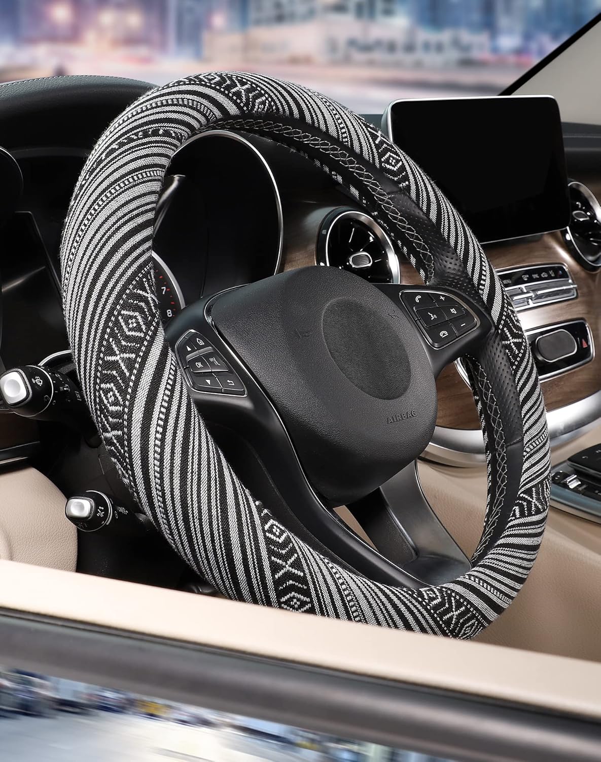 Size 14 1/2-15 1/4 inches Color Black and Grey SEG Direct Boho Steering Wheel Cover with Baja Blanket Cloth, Ethnic Style Auto Wheel Cover Made of Coarse Flax, Fits 14 1/2-15 1/4 inches Car Wheel