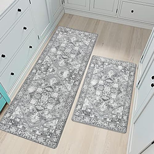 Miniatura 5 de Cekene Juego de 2 alfombras bohemias de cocina acolchadas para el suelo, tapetes antideslizantes para suelo de cocina, color gris, para cocina,