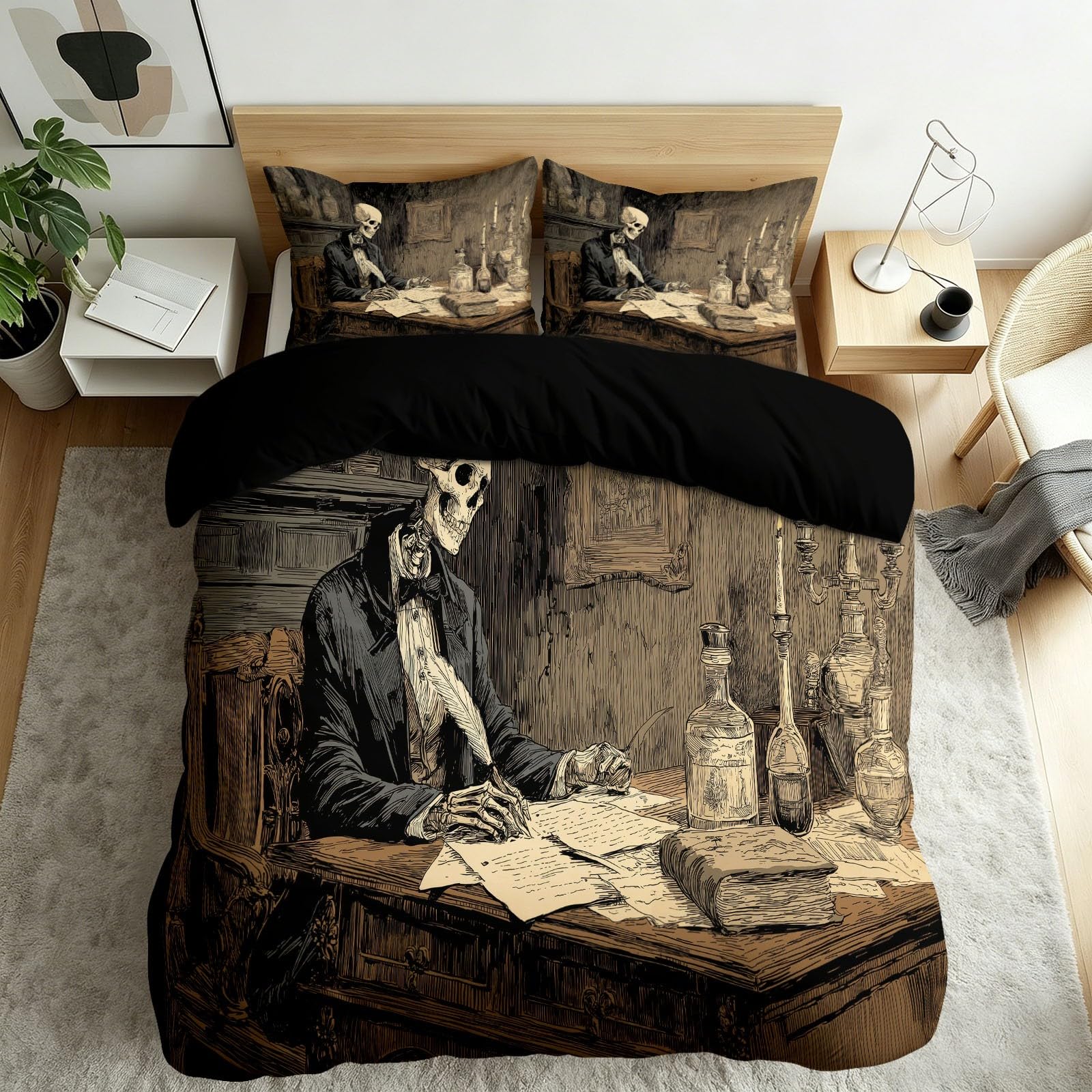 Générique Komplet pościeli z mikrofibry, 220 x 240 cm, miękka i wygodna mikrofibra, fantazyjny styl retro, czaszka i kości krzyżowe, kolor czarny, 3 sztuki, z zamkiem błyskawicznym