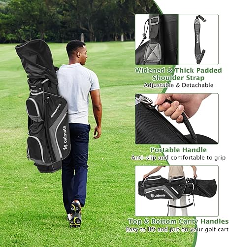 Miniatura 3 de GYMAX Bolsa de golf, bolsa de carrito de golf con divisor de 14 vías con 9 bolsillos con cremallera, capucha para lluvia, calcomanía para guantes y