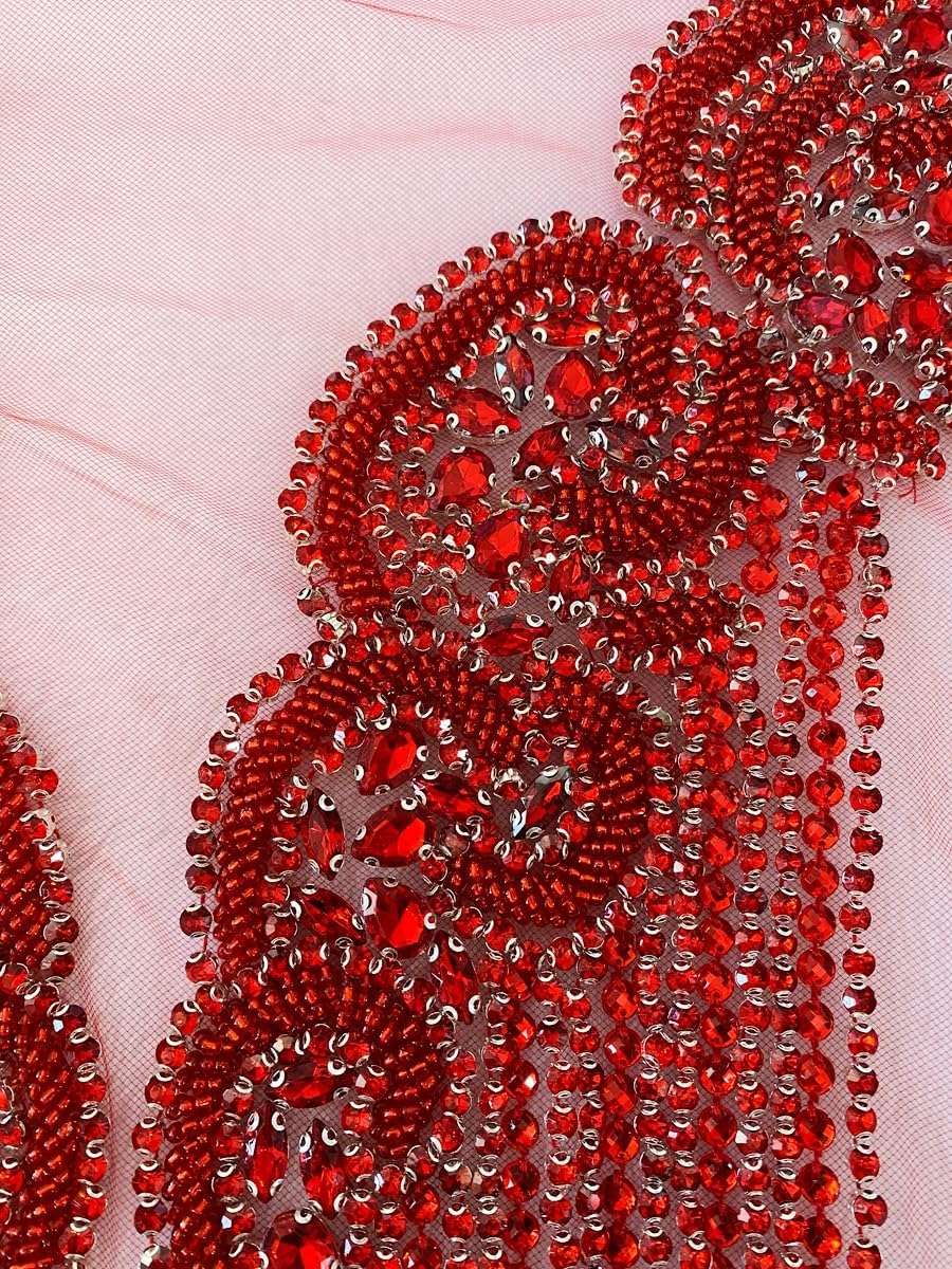 Handmade Glass Rhinestones Applique on net sew on Beads Crystal Patches Trim Accessory for Dress Clothes (Red)