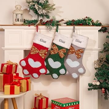 Nameinhea Personalized Dog Christmas Stocking, Pet Christmas Stocking for Dogs Cats, Customized Christmas Ctockings with Name Paw & Bone Shape Dog Cat Stocking Style 2