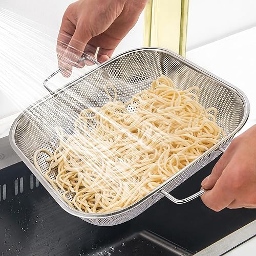 Miniatura 4 de Colador de acero inoxidable de 3 cuartos de galón, colador cuadrado de metal, colador para alimentos de cocina, apto para lavavajillas