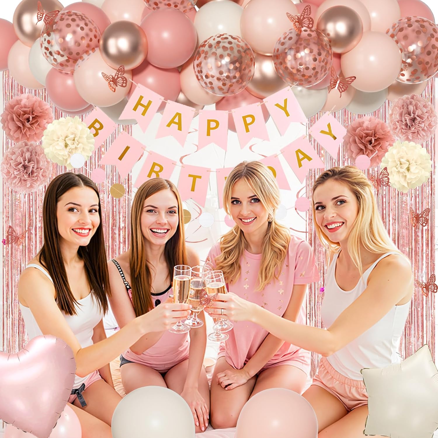 Pink Birthday Party Decorations, Dusty Pink Sand Confetti Rose Gold Balloons Happy Birthday Banner Fringe Curtains Butterfly Hanging Swirls Circle Dots Tassels Pompoms for Women Girls Party Supplies - Image 5