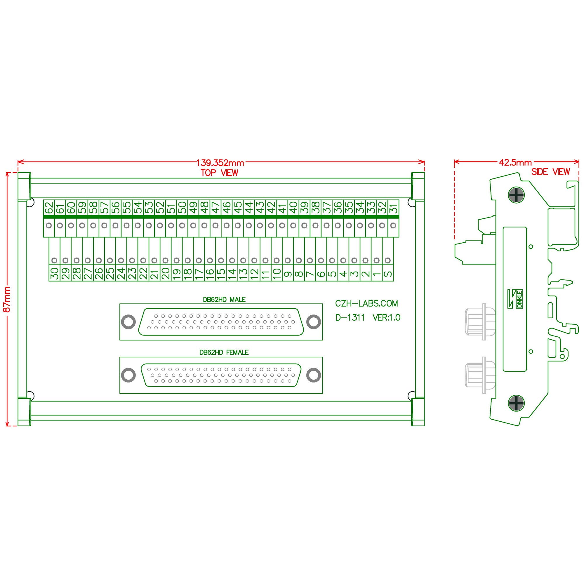 DIN Rail Mount DSUB DB62HD Module d'interface mâle/femelle, carte de dérivation D-SUB.