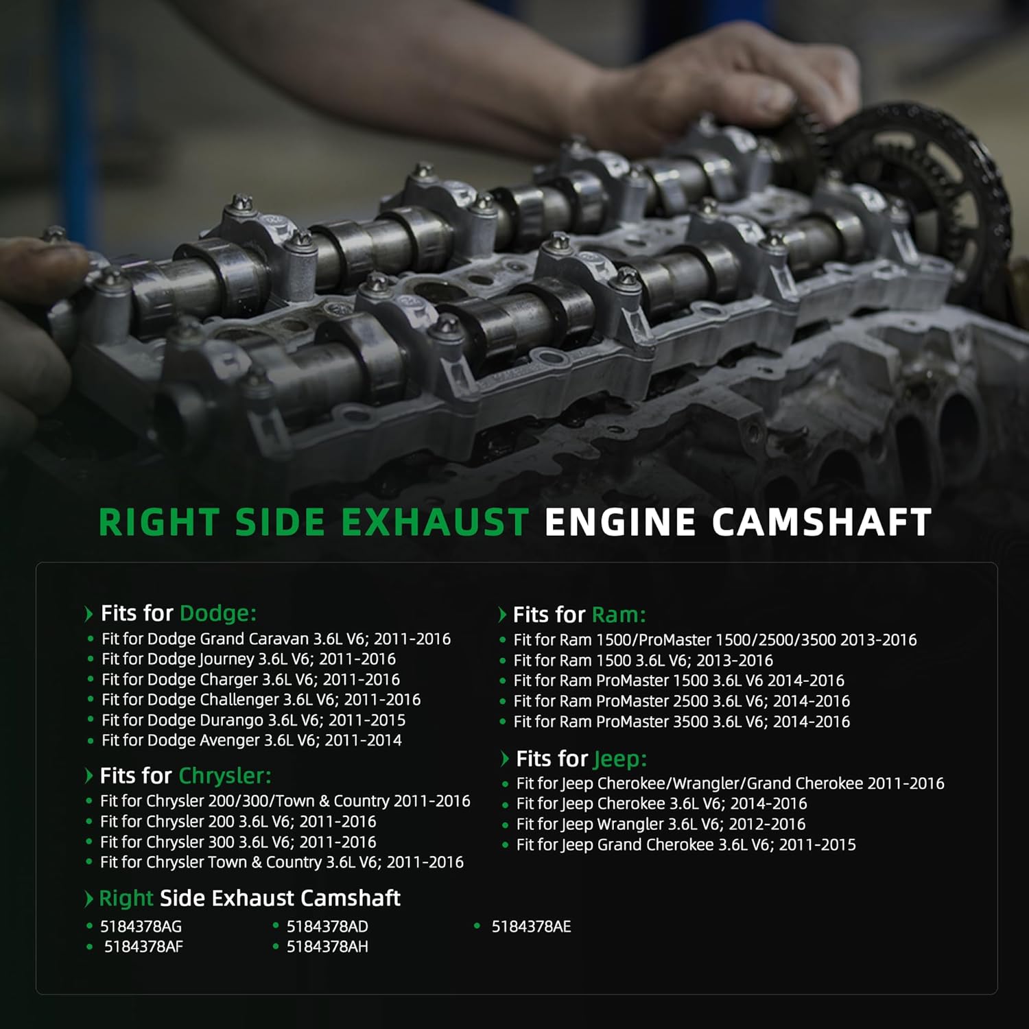 Right Side Exhaust Engine Camshaft, for Dodge Grand Caravan Charger Journey, for Ram 1500 ProMaster, for Jeep Cherokee, for Chrysler 300, 3.6L V6, 2011-2016, 5184378AG