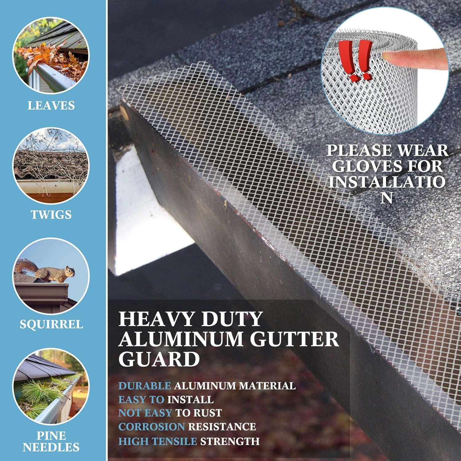 Tandefio Gutter Guard 6 Inch x 100 Feet Aluminum Guards Mesh Leaves Filter Gutter Cover Screen DIY Protection Netting Roll with 20 Fixed Cable Tie and Anti Scratch Gloves for Leaves Twigs (Silver)