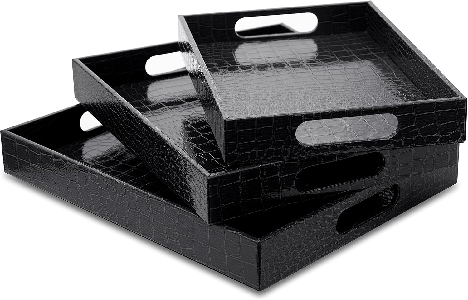 Berry Ave Premium Stylish Ottoman Tray - Chic Decorative Rectangular Serving Tray With Alligator Skin Pattern - Modern & Practical Coffee Table Tray - Perfect For Ottoman, Console, Side Table - 3 Pack