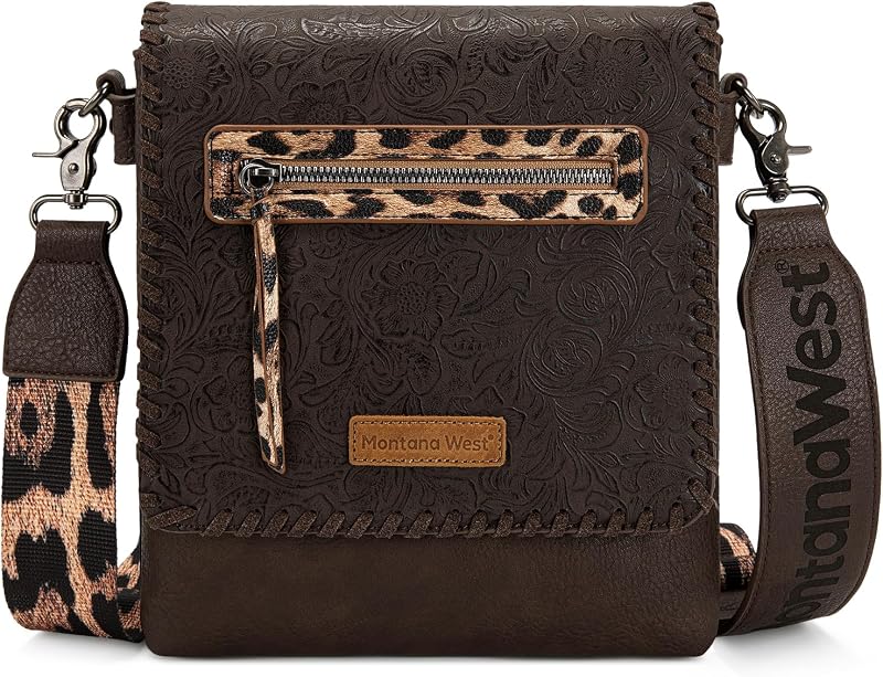 Montana West Crossbody Bags for Women with Dual Compartments Western Cross Body Purse with Leopard Print Guitar Strap
