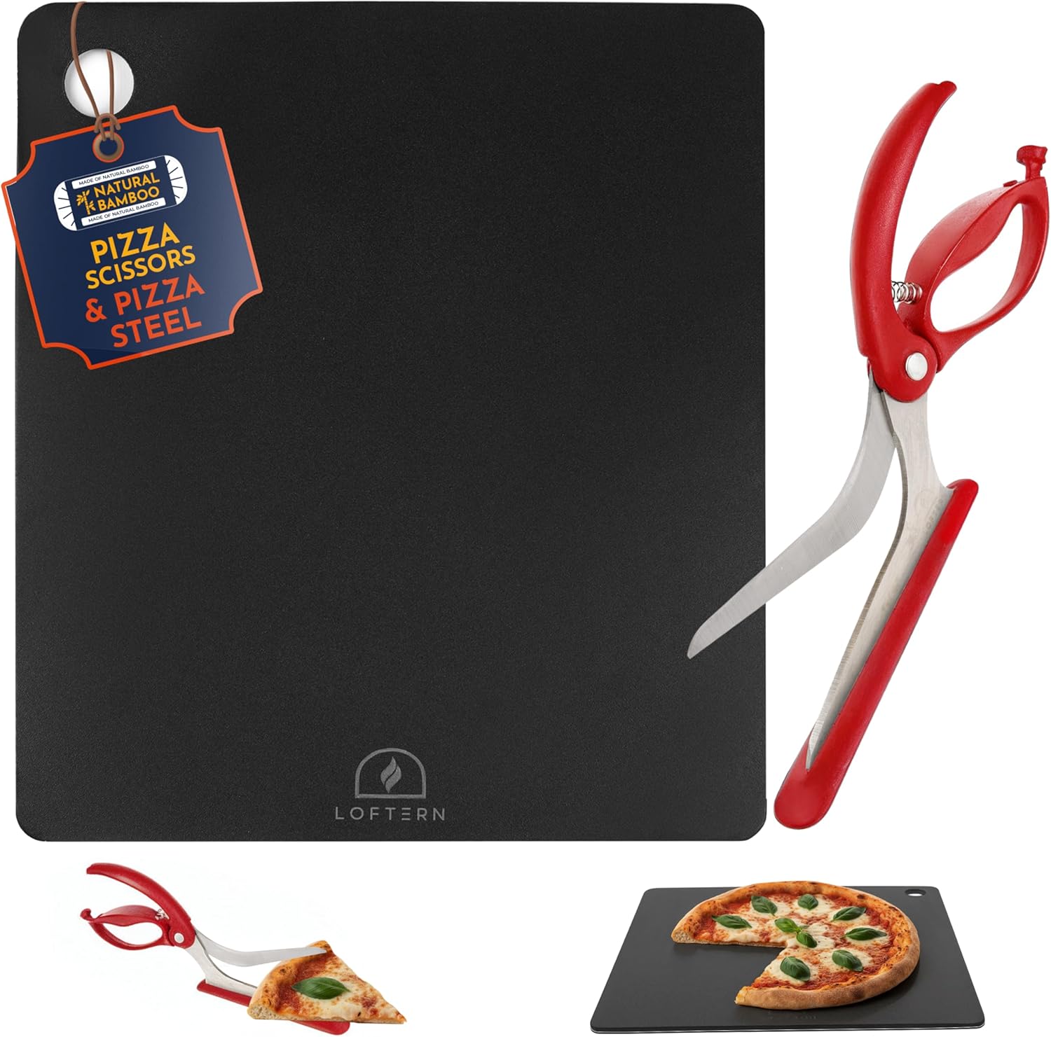 Loftern 14" x 16" Pizza Steel & Red Scissors Bundle Heavy-Duty Carbon Steel Baking Plate for Oven, Grill & Pizza Oven