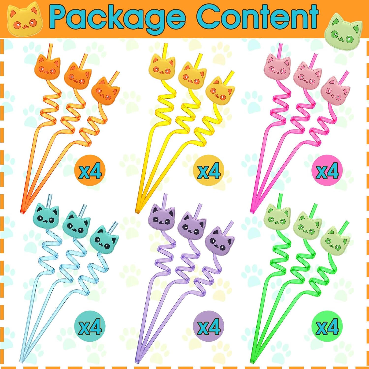 LemonRoad 24 Pcs Cartoon Cat Straws Bulk Reusable Doll Cat Straws with 24 Detachable Kitty Charms 6 Colors Spiral Party Drinking Straw for School Summer Activity Birthdays Ice Cream Party Favors - Image 3