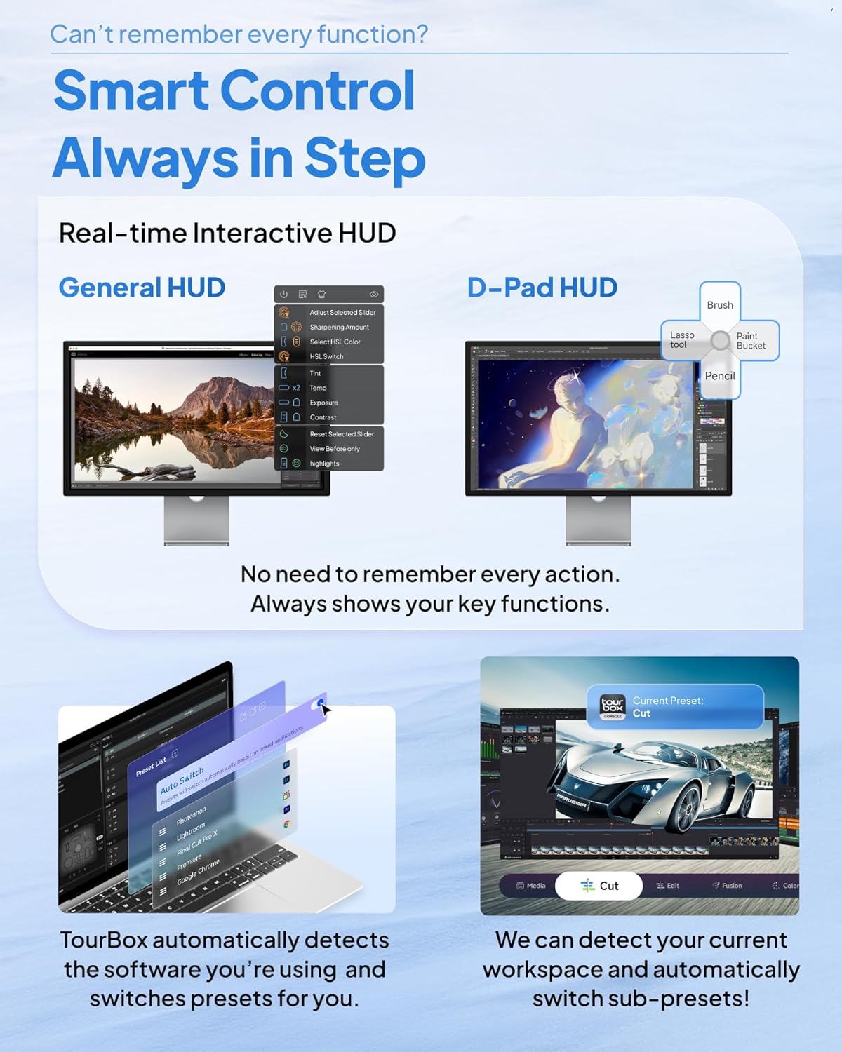 TOUR BOX Elite Plus All-in-Creative Console, Bluetooth Programmable Keyboard Controller for Photo & Video Editing, Color Grading, Illustration, Works with Procreate, Adobe, Davinci (Glacier Blue)